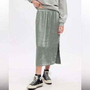 GAP Satin Midi Skirt Women Large Sage Green Side Slit Elastic Waist Indie Grunge